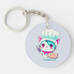 Cute Baker Pastry Chef Cat with Cake and Knife   Keychain