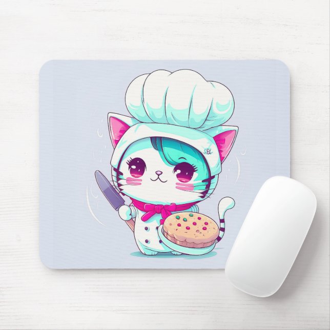 Cute Baker Pastry Chef Cat with Cake and Knife | Mouse Pad (With Mouse)