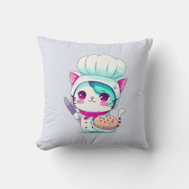 Cute Baker Pastry Chef Cat with Cake and Knife | Throw Pillow (Front)