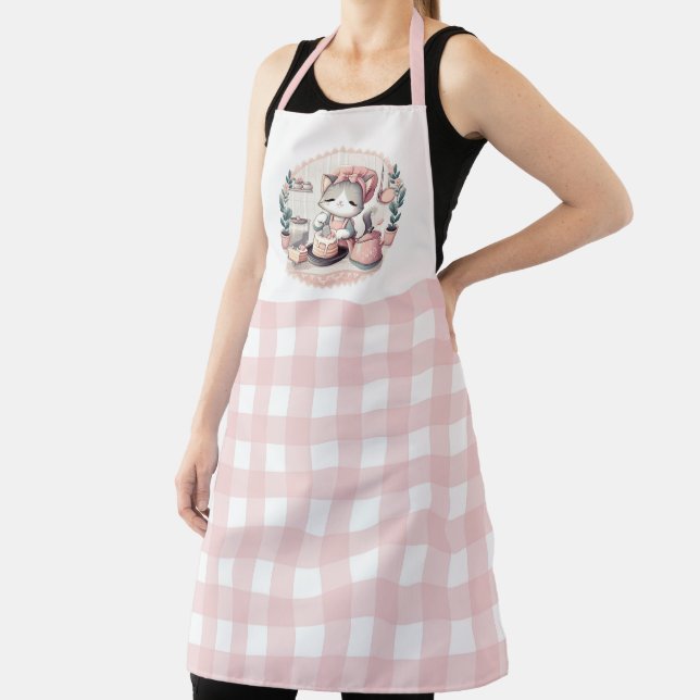 Cute Baking Kitten with Pink Gingham Pattern Apron (Insitu)