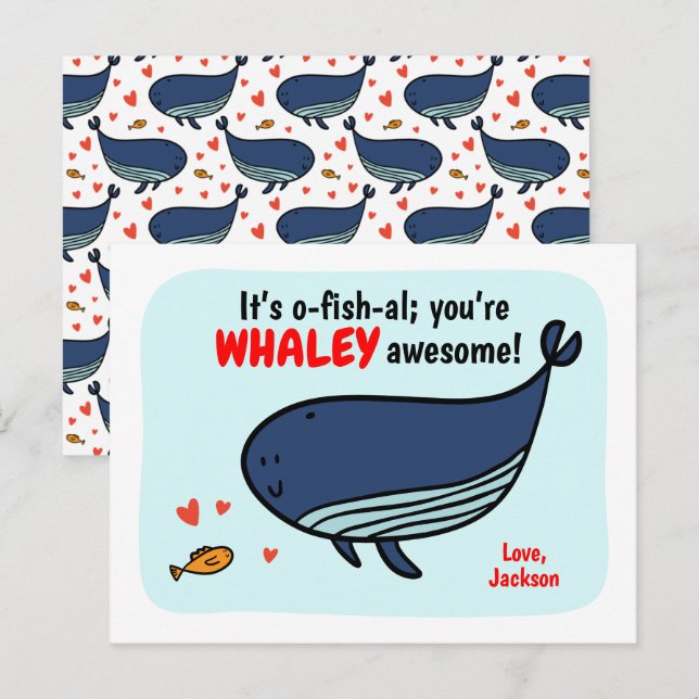 Cute baleine et classe de poisson Valentine Cartes (Devant / Derrière)