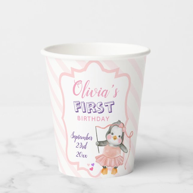 Cute Ballerina Baby Penguin Pink 1st Birthday  Paper Cups (Front)