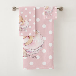 Cute Ballerina Bunny Rabbit Pink White Polka Dots Bath Towel Set