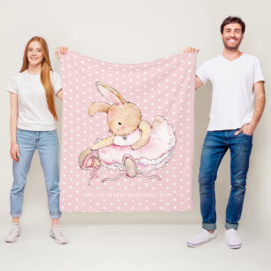 Cute Ballerina Bunny Rabbit Pink White Polka Dots Fleece Blanket