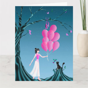 Cute Ballerina & Cat Night Sky Greetings Card