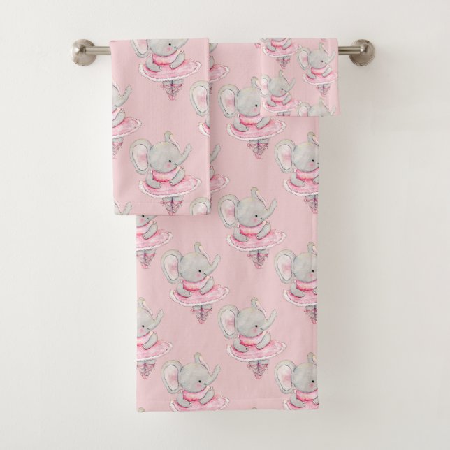 Cute Ballerina Elephant  Pink Tutu Bath Towel Set (Insitu)