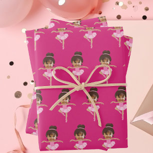 Cute Ballerina Girl Customized Kids Photo Pink Wrapping Paper Sheet