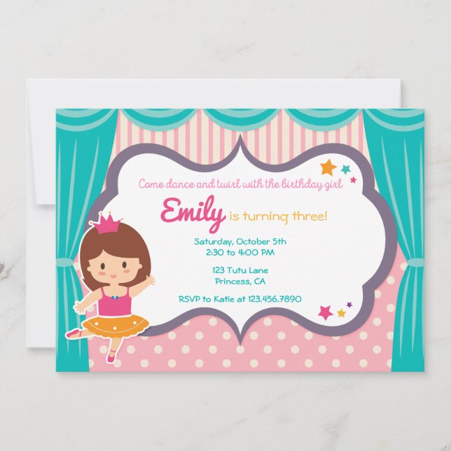 Cute Ballerina Girl rose Anniversaire Invitation (Devant)