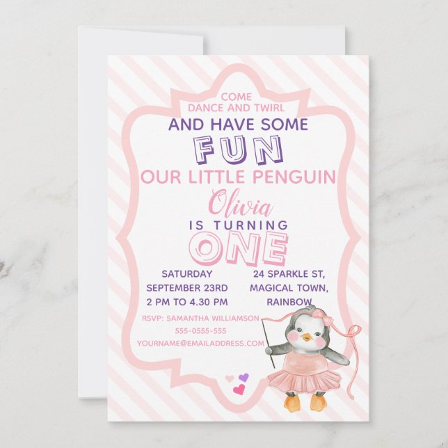Cute Ballerina Penguin Pink 1st Birthday Invitatio Invitation (Front)