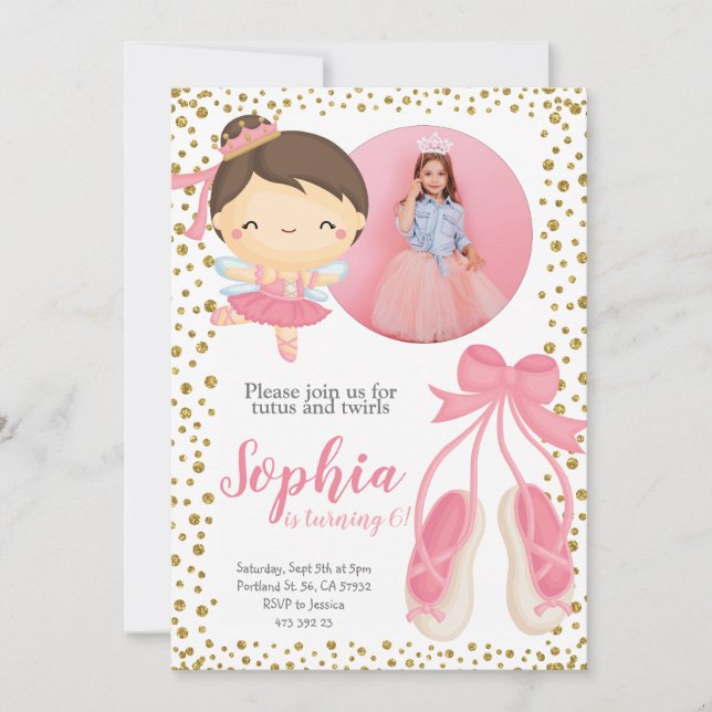 Cute Ballerina Pink Gold Glitter | Photo Birthday Invitation (Front)