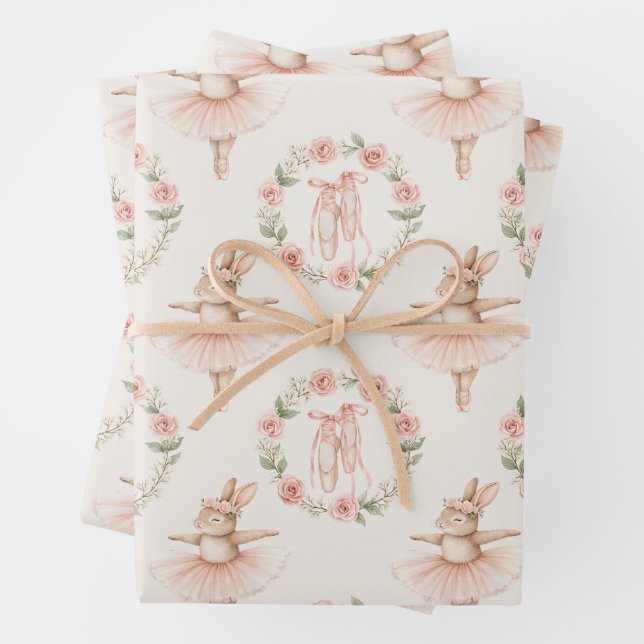 cute ballerina rabbit and flowers wrapping paper sheet (In situ)