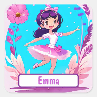 Cute Ballerina With Customizable Nametag Square Sticker