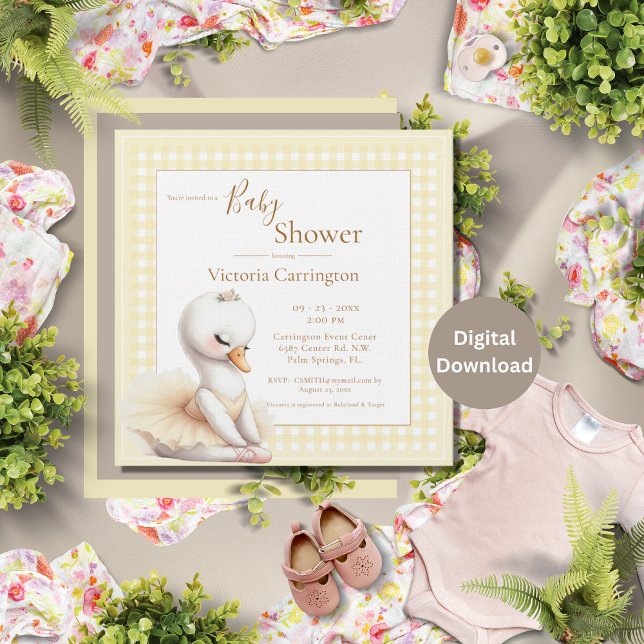 Cute Ballerina Yellow Plaid Baby Shower Invitation (Creator Uploaded)