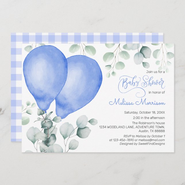 Cute Balloon Baby Boy Shower Invitation (Front/Back)