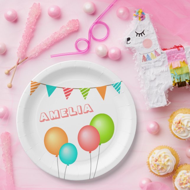 Cute Balloon Bunting Flag Kid Birthday Paper Plate (Party)