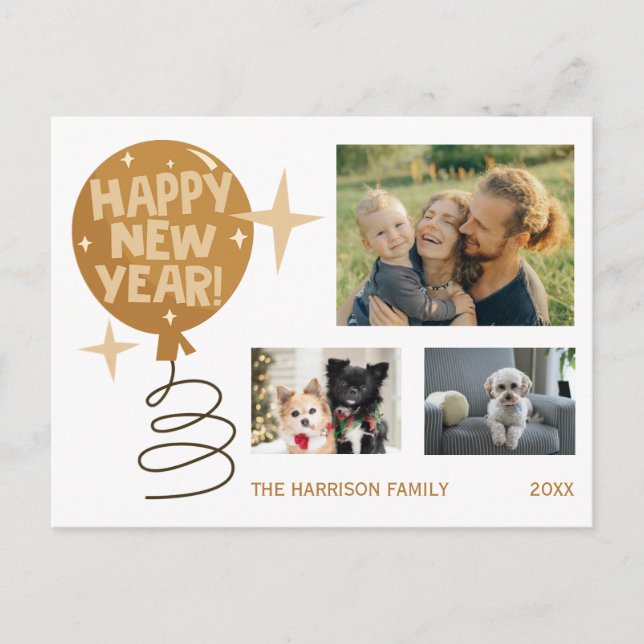 Cute Balloon Three Photos New Year Postcard (Front)