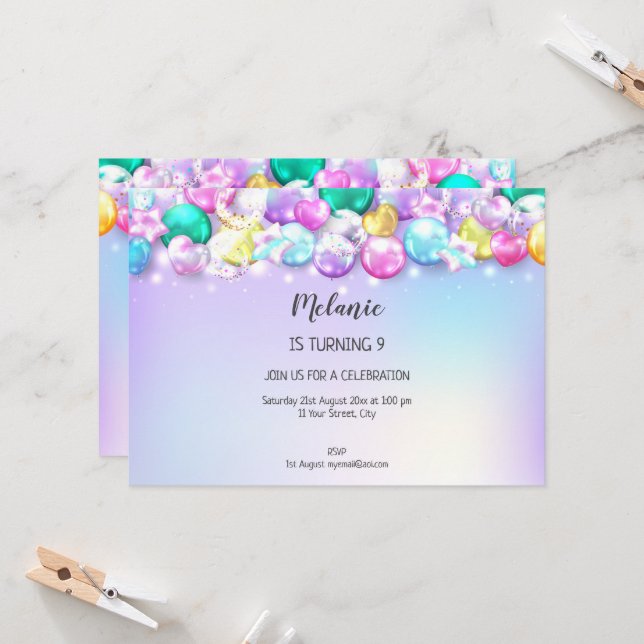 Cute Baloons Birthday Party Girl Invitation (Front/Back In Situ)