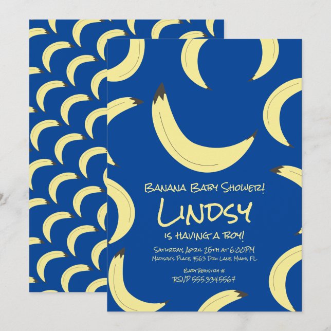Cute Banana Blue Boy Baby shower Invitation (Devant / Derrière)