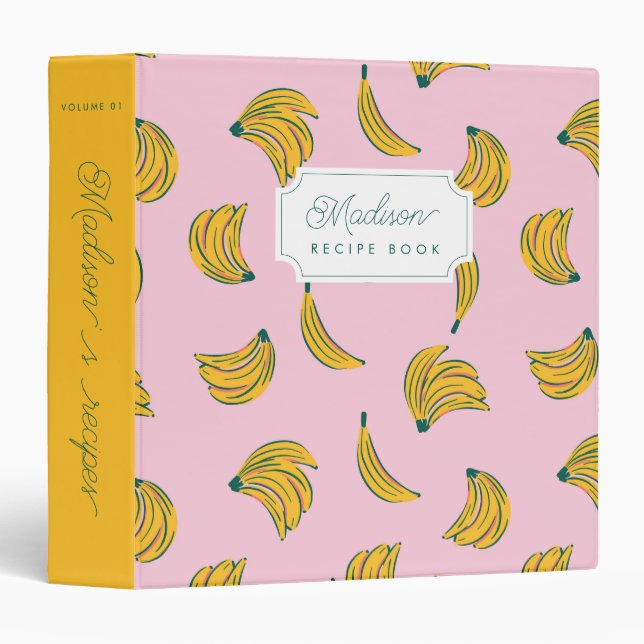 Cute banana pattern in pink background recipe book binder (Front/Spine)