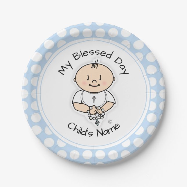 Cute Baptism 7" Plate - Baby Boy with Rosary (Front)