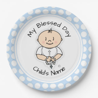 Cute Baptism 9" Plate - Baby Boy with Rosary