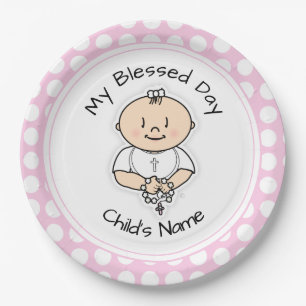 Cute Baptism 9" Plate - Baby Girl with Rosary
