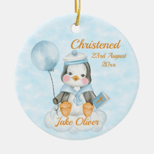 Cute Baptism Baby Boy Penguin Blue  Ceramic Ornament