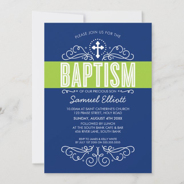 CUTE BAPTISM elegant swirls bold navy blue green Invitation (Front)