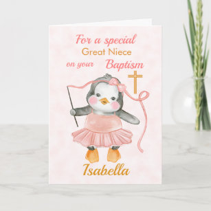 Cute Baptism Penguin Ballerina Pink Card