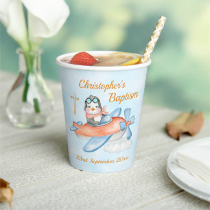 Cute Baptism Watercolor Baby Penguin Airplane Paper Cups
