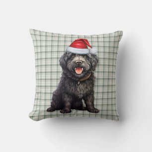 Cute Barbet Dog Green Plaid Christmas Holiday Throw Pillow