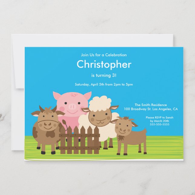 Cute Barn Yard Farm Animals Birthday Party Invite (Front)
