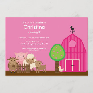 Cute Barn Yard Farm Animals Birthday Party Invite