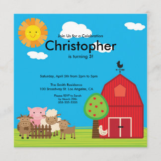 Cute Barn Yard Farm Animals Birthday Party Invite