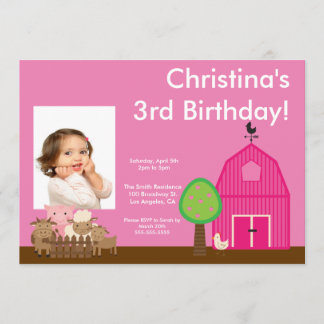 Cute Barn Yard Farm Animals Birthday Photo Invite