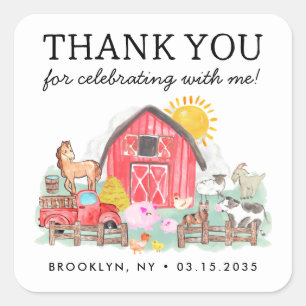 Cute Barnyard Animals Kids Farm Birthday Thank You Square Sticker