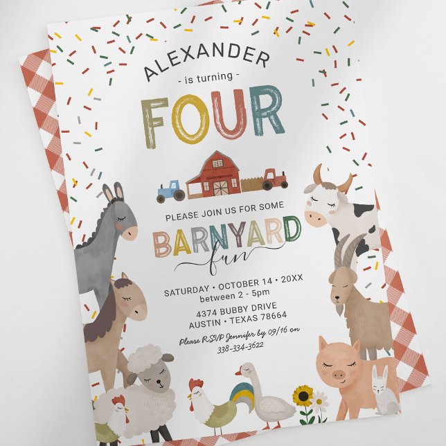Cute Barnyard Farm 4th Birthday Invitation (Creator Uploaded)