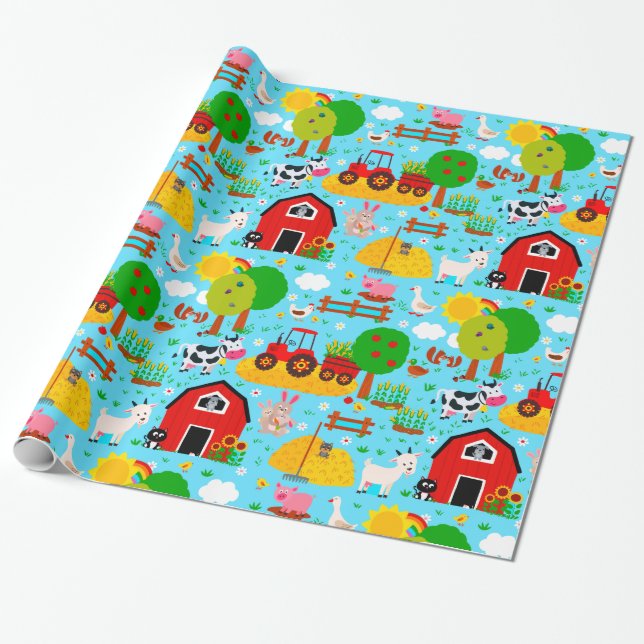 Cute Barnyard Farm Animal Birthday Party Kids Wrapping Paper (Unrolled)