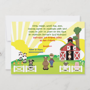 Cute barnyard farm animal kids birthday invitation