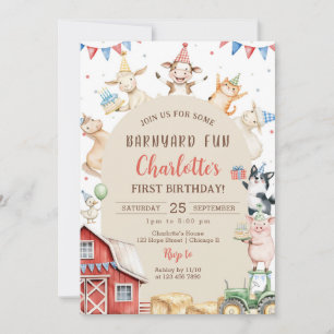 Cute Barnyard Farm Animals 1st Birthday Invitation