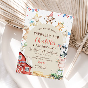 Cute Barnyard Farm Animals 1st Birthday Invitation