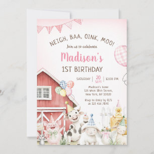 Cute Barnyard Farm Animals 1st Birthday Invitation