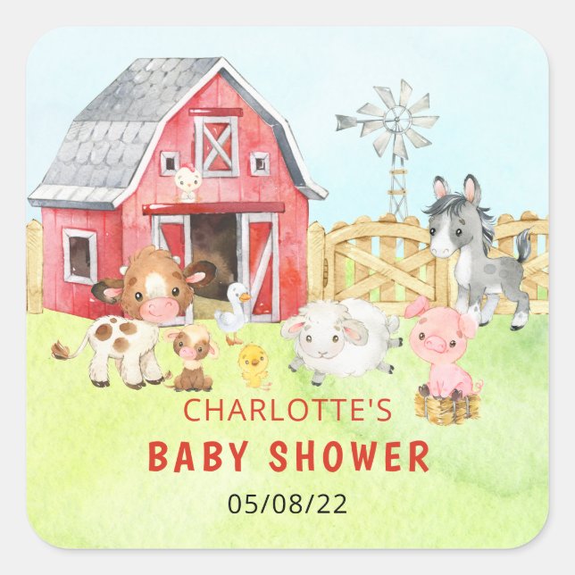 Cute Barnyard Friends Baby Shower Square Sticker (Front)