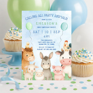 Cute Barnyard Party Animals First Birthday Party Invitation