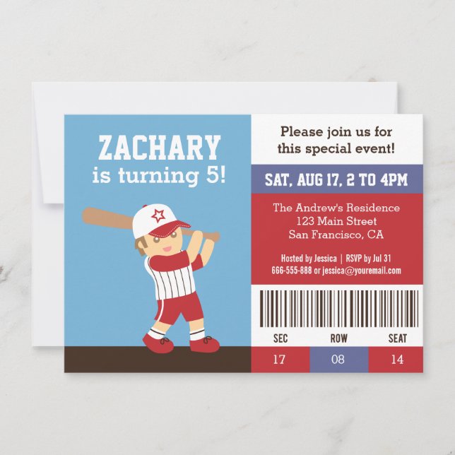 Cute Baseball Boy Birthday Party Ticket Invitation (Front)