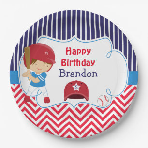 Cute Baseball Brunette Boy Birthday Party Paper Plate