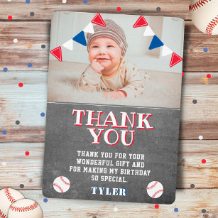 Cute Baseball Chalkboard Kids Photo Birthday Thank You Card