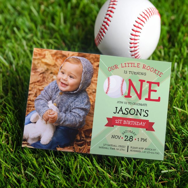 Cute Baseball Pitch & Ribbon Photo 1st Birthday Invitation (Creator Uploaded)