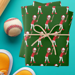 Cute Baseball Player Kids Photo Green Custom Wrapping Paper Sheet