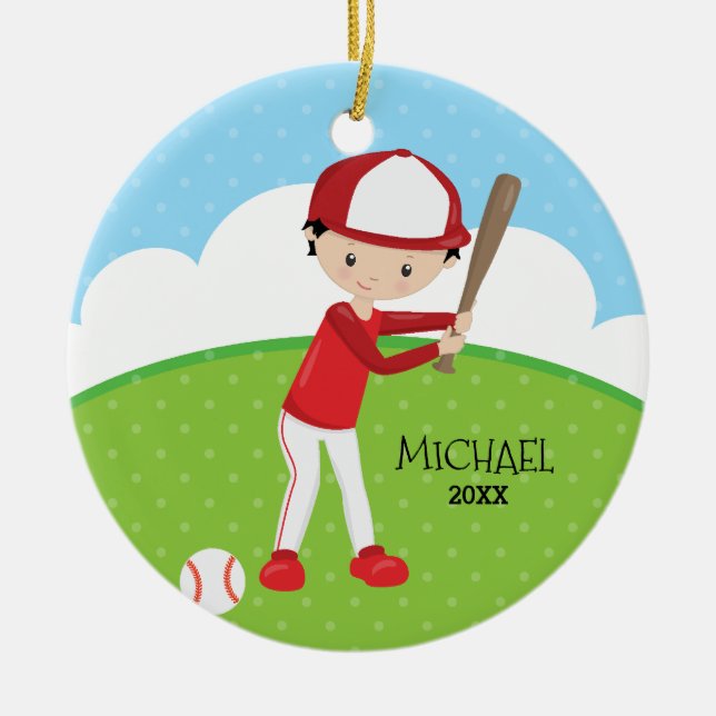 Cute Baseball Player Personalized Christmas Ceramic Ornament (Front)